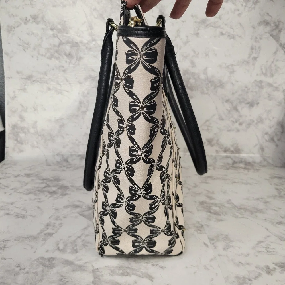 Betsey Johnson Bow Print Tote Bag Cream Black Gold Studded Large Shoulder Bag